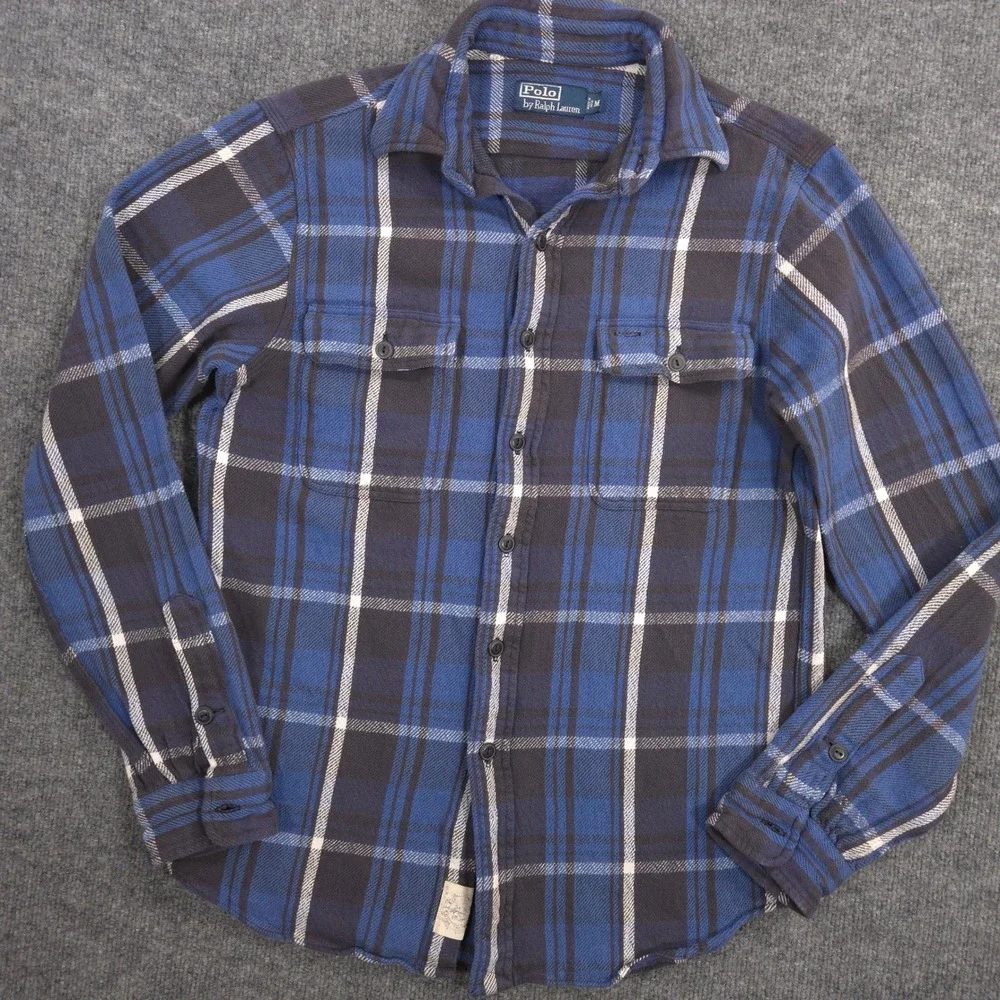 Vintage Polo Ralph Lauren Flannel Work Shirt Mens M Blue Plaid Pencil Pocket 90s